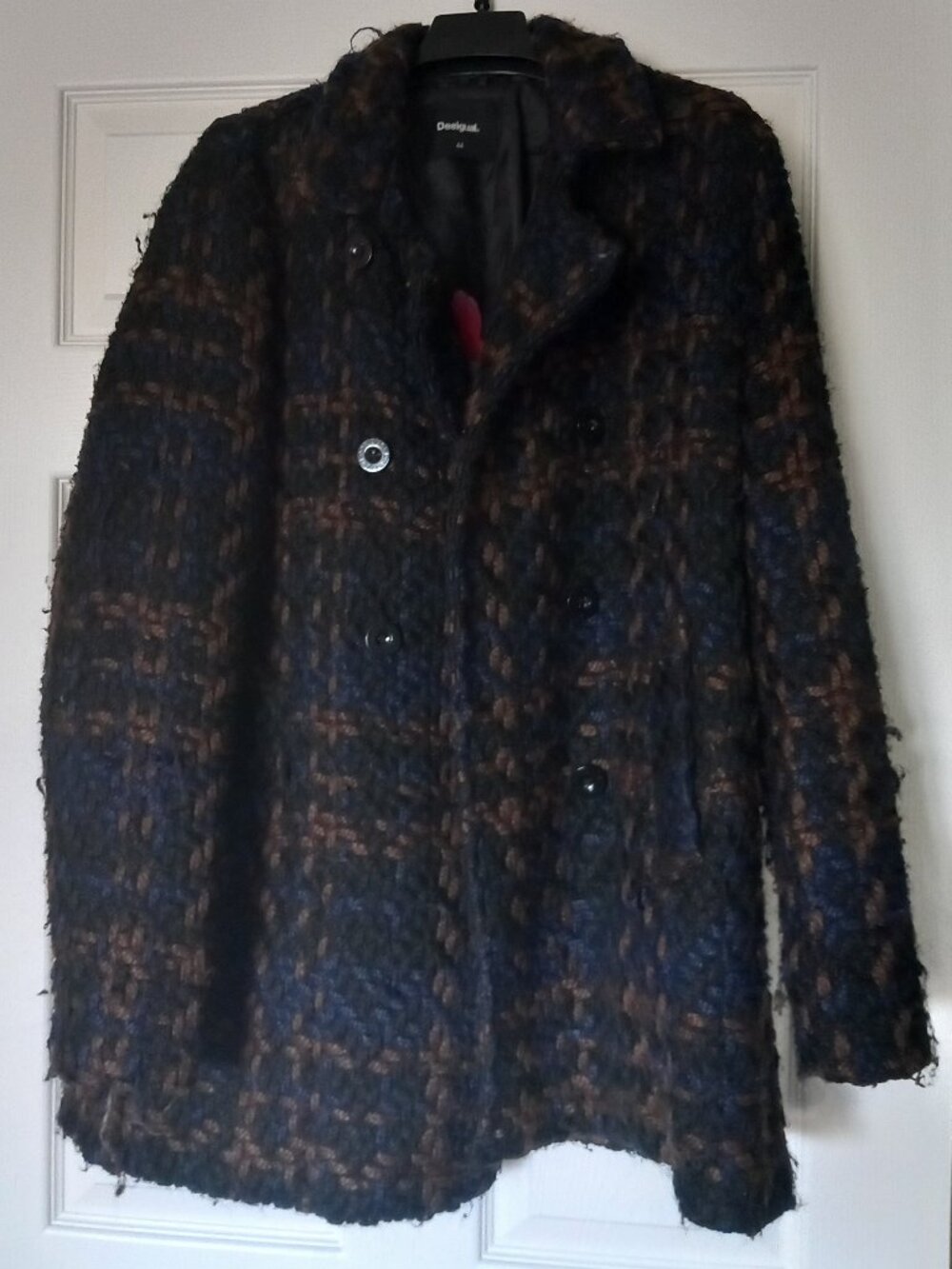 Desigual Boucle Tweed Double-Breasted Coat | Floral Lined | L (EU 44)